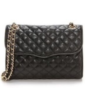 REBECCA MINKOFF BLACK LEATHER QUILTED PURSE 2 WAY SHOULDER CROSSBODY GOLD CHAIN